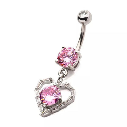 Pink CZ Crystal Heart Dangling Belly Button Ring - 316L Stainless Steel