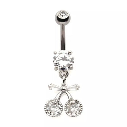 Clear CZ Crystal Cherry with Bow Dangling Belly Button Ring - 316L Stainless Steel