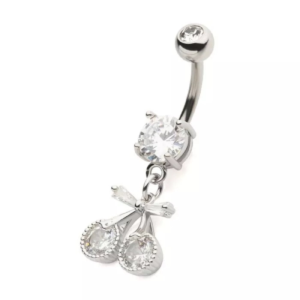 Clear CZ Crystal Cherry with Bow Dangling Belly Button Ring - 316L Stainless Steel