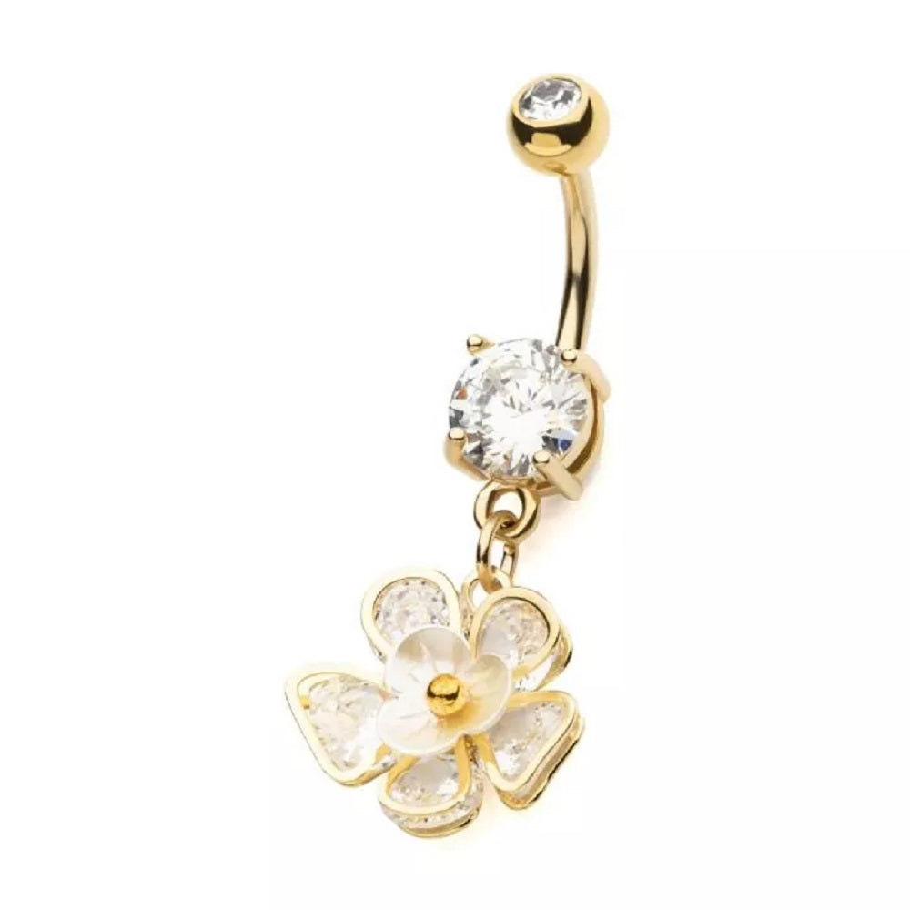 CZ Crystal Flower Dangling Belly Button Ring - Gold Plated 316L Stainless Steel