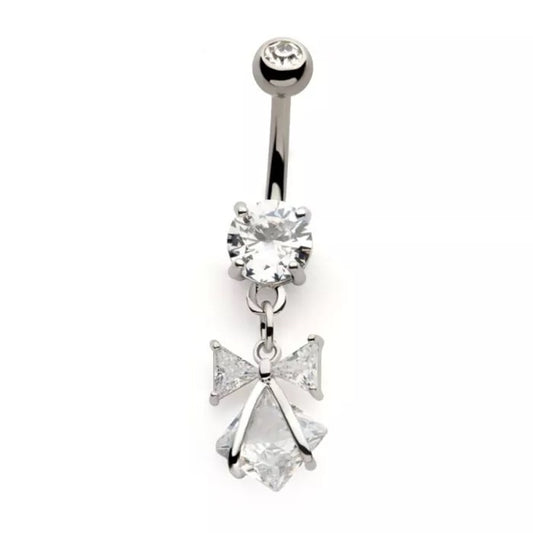 Clear CZ Crystal Bow Dangling Belly Button Ring - 316L Stainless Steel