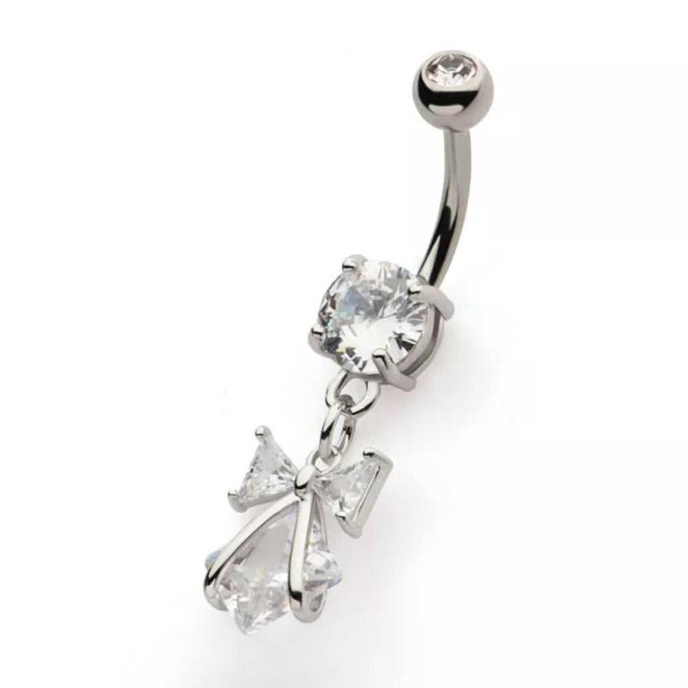 Clear CZ Crystal Bow Dangling Belly Button Ring - 316L Stainless Steel