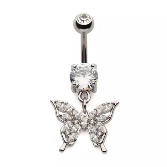 Clear CZ Crystal Marquise Butterfly Dangling Belly Button Ring - 316L Stainless Steel