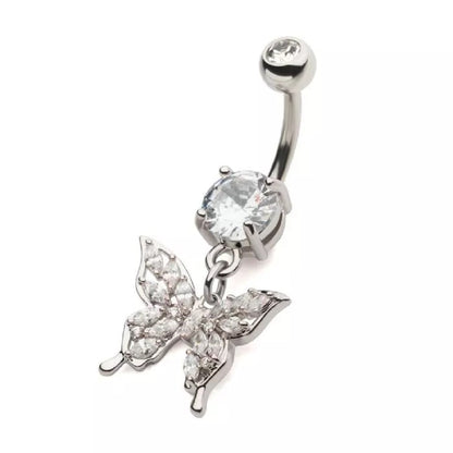 Clear CZ Crystal Marquise Butterfly Dangling Belly Button Ring - 316L Stainless Steel