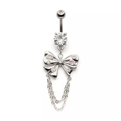 CZ Crystal Butterfly with Double Dangling Chains Belly Button Ring - 316L Stainless Steel