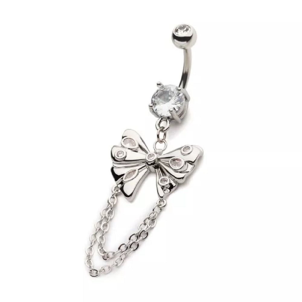 CZ Crystal Butterfly with Double Dangling Chains Belly Button Ring - 316L Stainless Steel