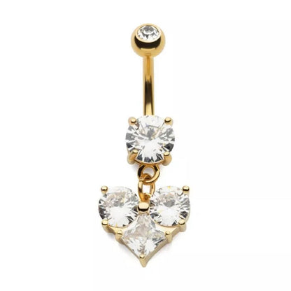 Prong Set CZ Crystal Heart Dangling Belly Button Ring - Gold Plated 316L Stainless Steel