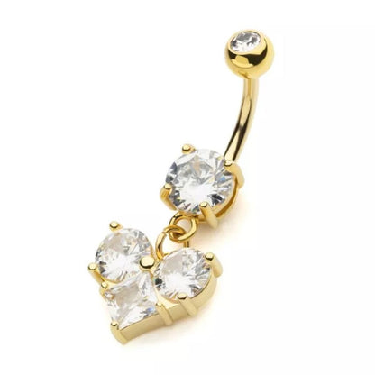 Prong Set CZ Crystal Heart Dangling Belly Button Ring - Gold Plated 316L Stainless Steel