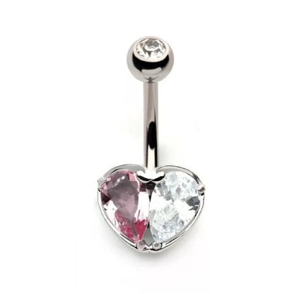 Dual CZ Crystal Heart Belly Button Ring - 316L Stainless Steel