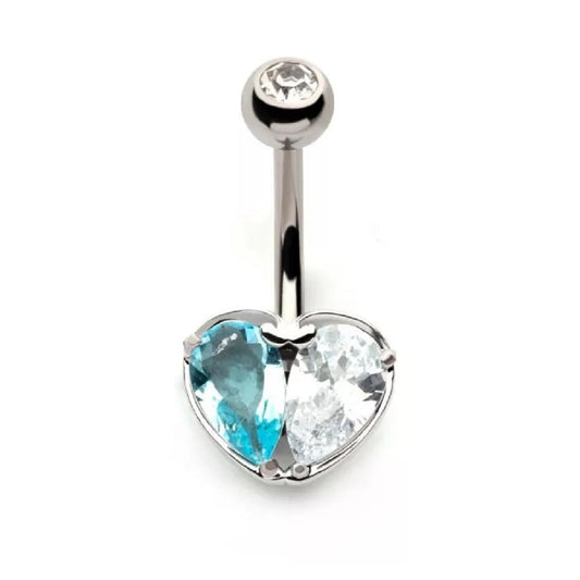 Dual CZ Crystal Heart Belly Button Ring - 316L Stainless Steel