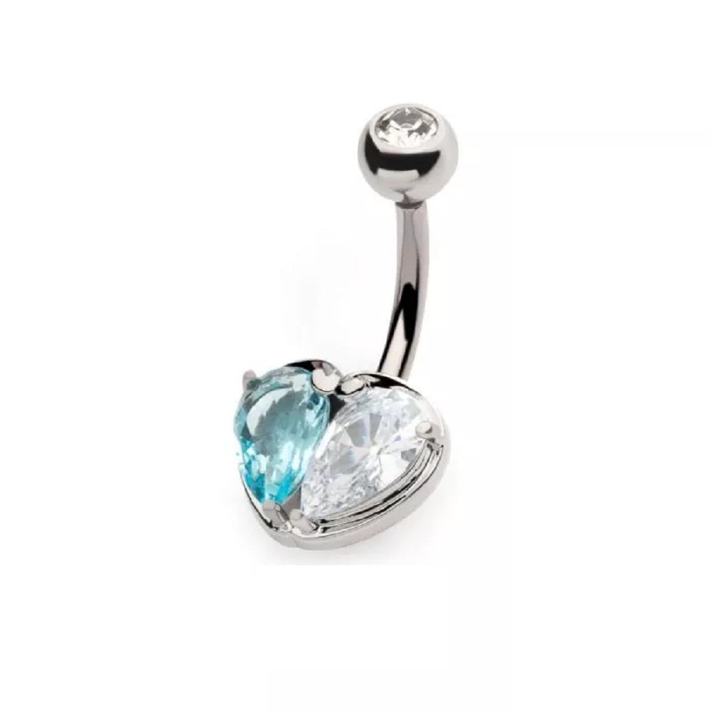 Dual CZ Crystal Heart Belly Button Ring - 316L Stainless Steel
