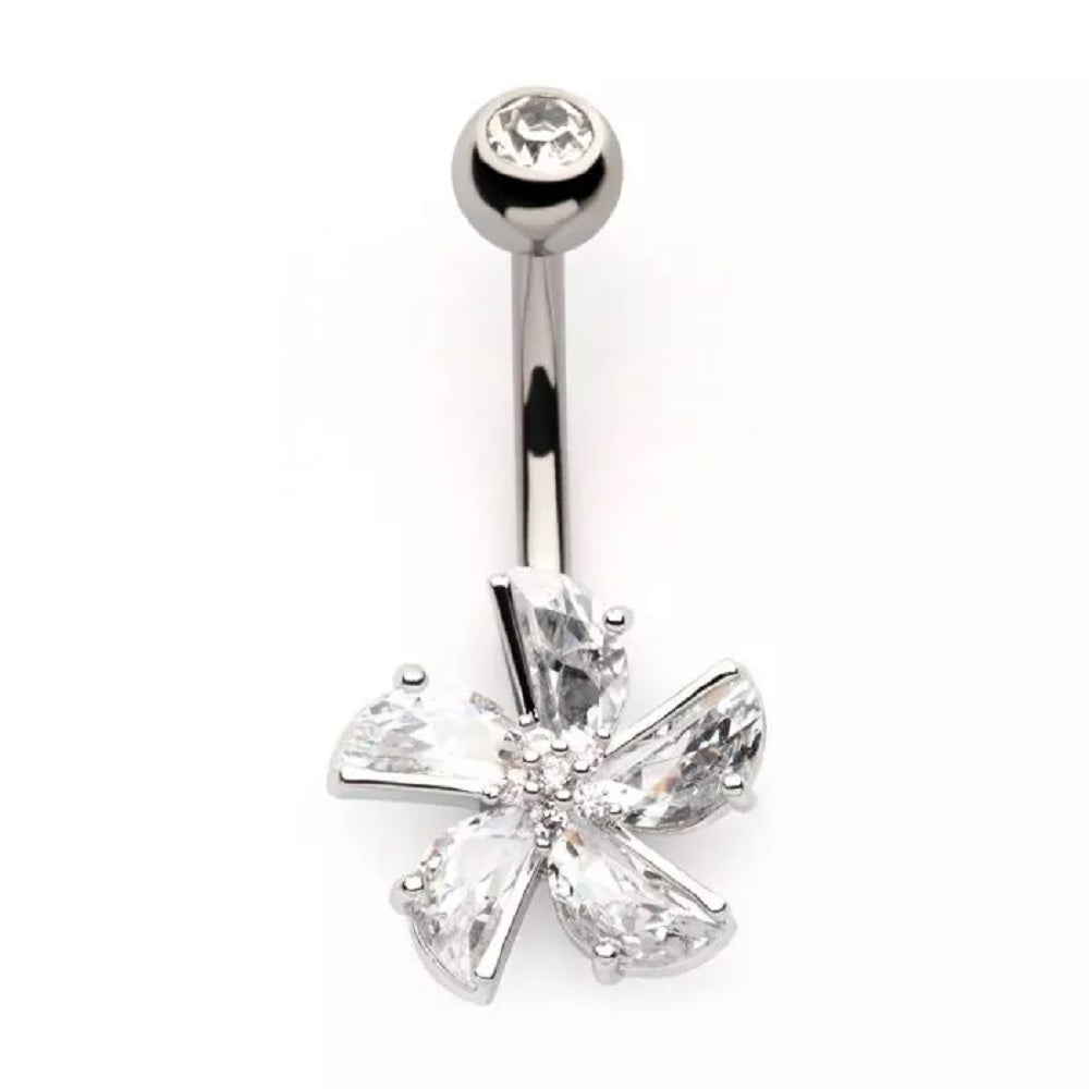 CZ Crystal Five Petal Flower Belly Button Ring - 316L Stainless Steel