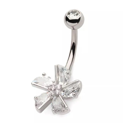 CZ Crystal Five Petal Flower Belly Button Ring - 316L Stainless Steel