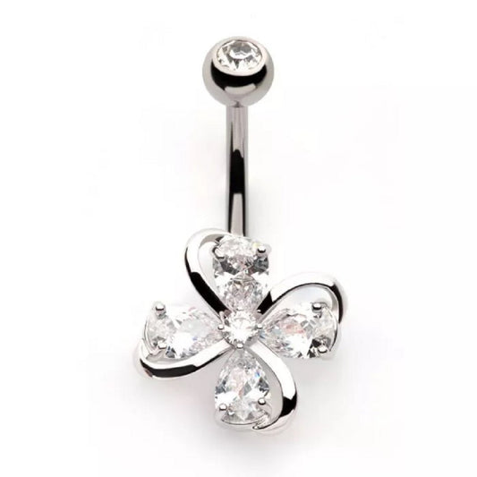 CZ Crystal Clover Belly Button Ring - 316L Stainless Steel