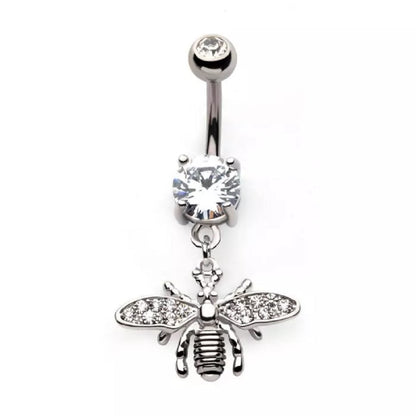 Bee with CZ Crystal Paved Wings Dangling Belly Button Ring - 316L Stainless Steel