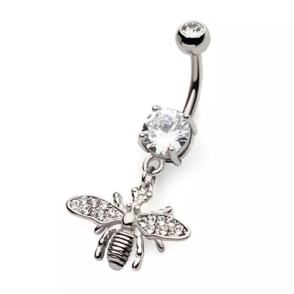 Bee with CZ Crystal Paved Wings Dangling Belly Button Ring - 316L Stainless Steel