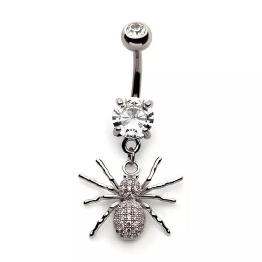 Crystal Paved Spider Dangling Belly Button Ring - 316L Stainless Steel