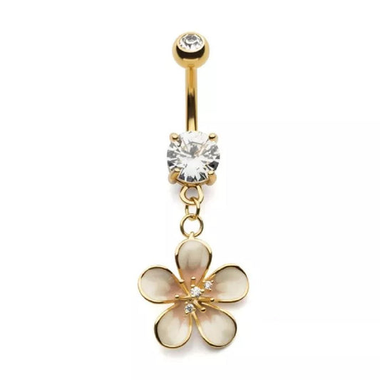 CZ Crystal White Flower Dangling Belly Button Ring - Gold Plated 316L Stainless Steel