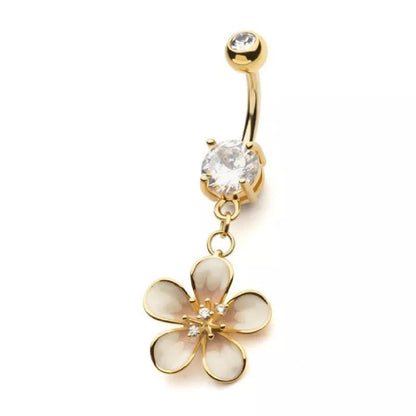 CZ Crystal White Flower Dangling Belly Button Ring - Gold Plated 316L Stainless Steel