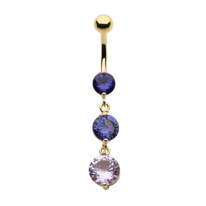 Triple Round CZ Crystal Dangling Belly Button Ring - Gold Plated 316L Stainless Steel
