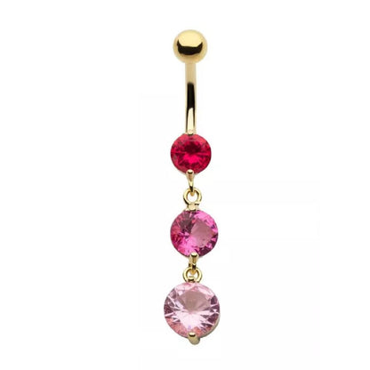 Triple Round CZ Crystal Dangling Belly Button Ring - Gold Plated 316L Stainless Steel