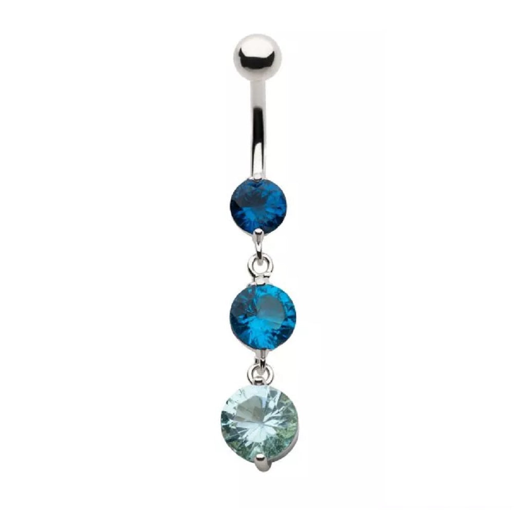 Triple Round CZ Crystal Dangling Belly Button Ring - 316L Stainless Steel