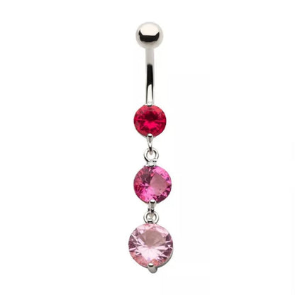 Triple Round CZ Crystal Dangling Belly Button Ring - 316L Stainless Steel