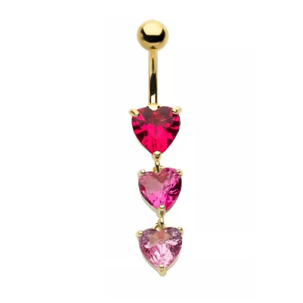 Triple Pink CZ Crystal Hearts Dangling Belly Button Ring - 316L Stainless Steel