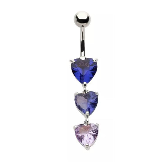 Triple Purple CZ Crystal Hearts Dangling Belly Button Ring - 316L Stainless Steel