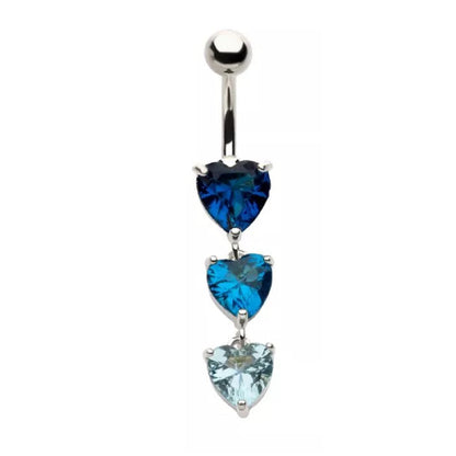 Triple Blue CZ Crystal Hearts Dangling Belly Button Ring - 316L Stainless Steel