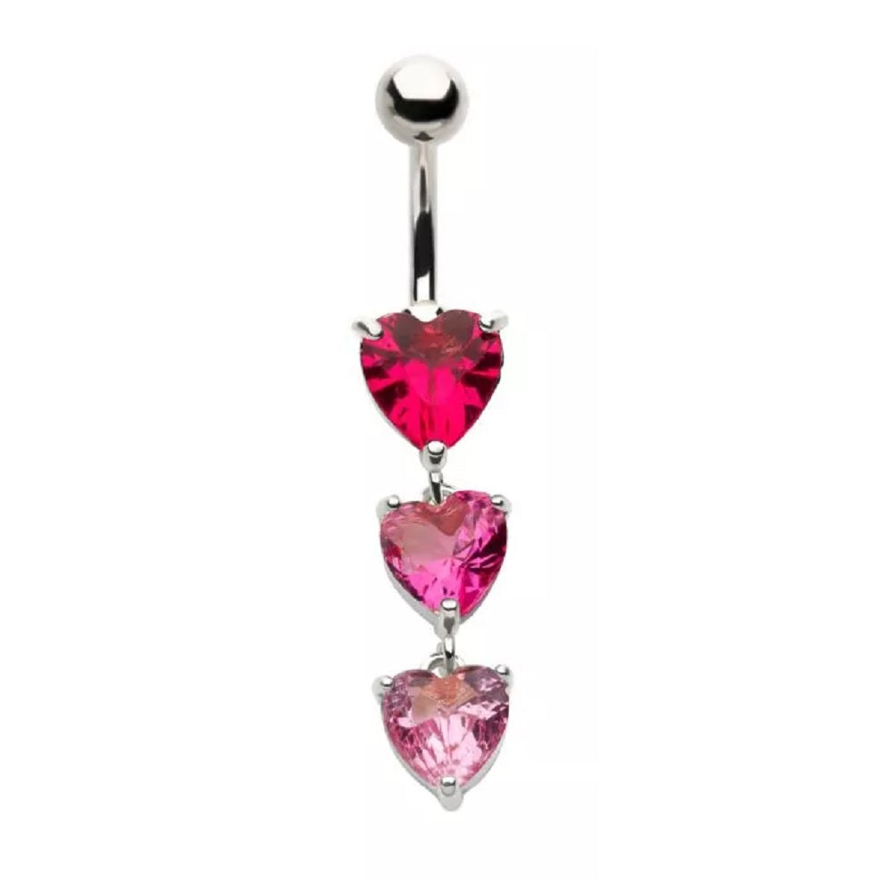 Triple Pink CZ Crystal Hearts Dangling Belly Button Ring - 316L Stainless Steel