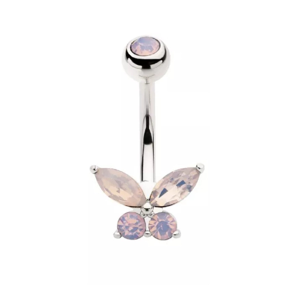 Pink Opalite CZ Crystal Butterfly Belly Button Ring - 316L Stainless Steel