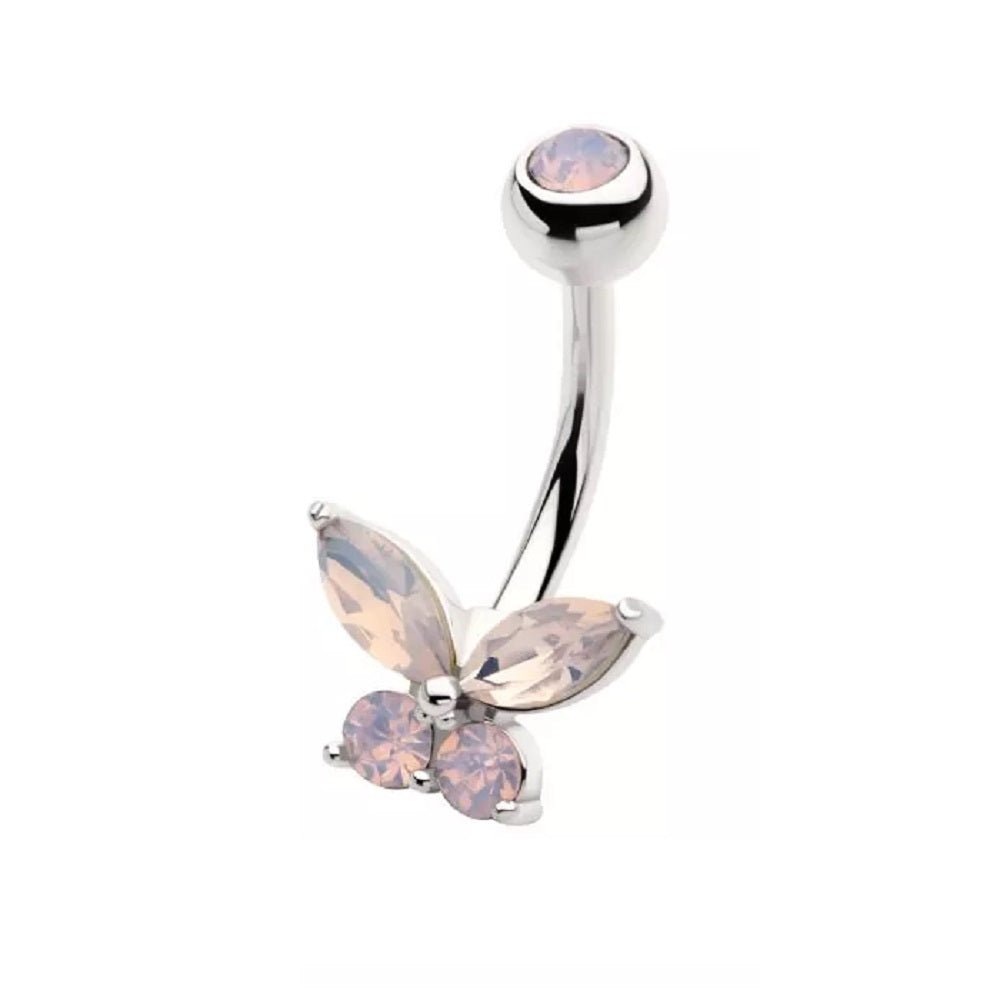 Pink Opalite CZ Crystal Butterfly Belly Button Ring - 316L Stainless Steel