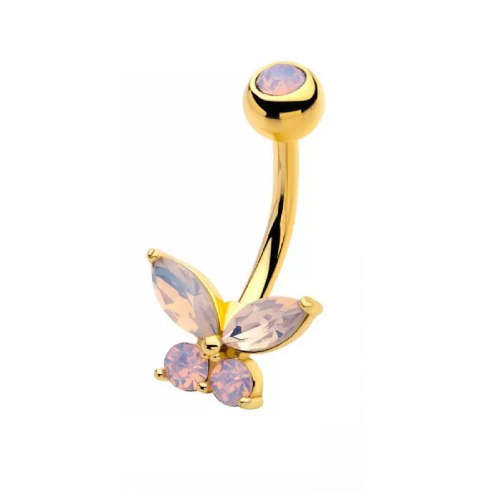 Pink Opalite CZ Crystal Butterfly Belly Button Ring - 316L Stainless Steel