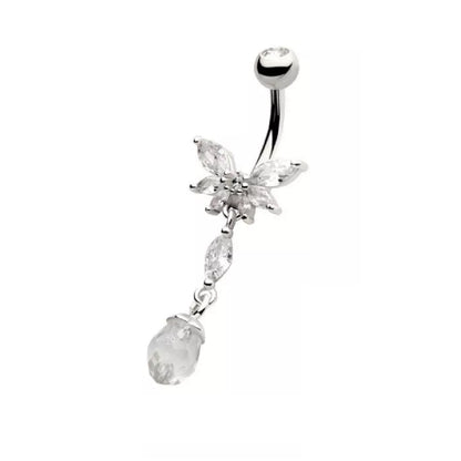 CZ Crystal Butterfly with Dangling Gems Belly Button Ring - 316L Stainless Steel