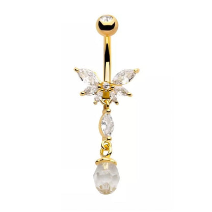 CZ Crystal Butterfly with Dangling Gems Belly Button Ring - 316L Stainless Steel