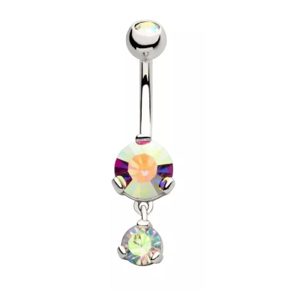 Prong Set CZ Crystal with Dangling Gem Belly Button Ring - 316L Stainless Steel