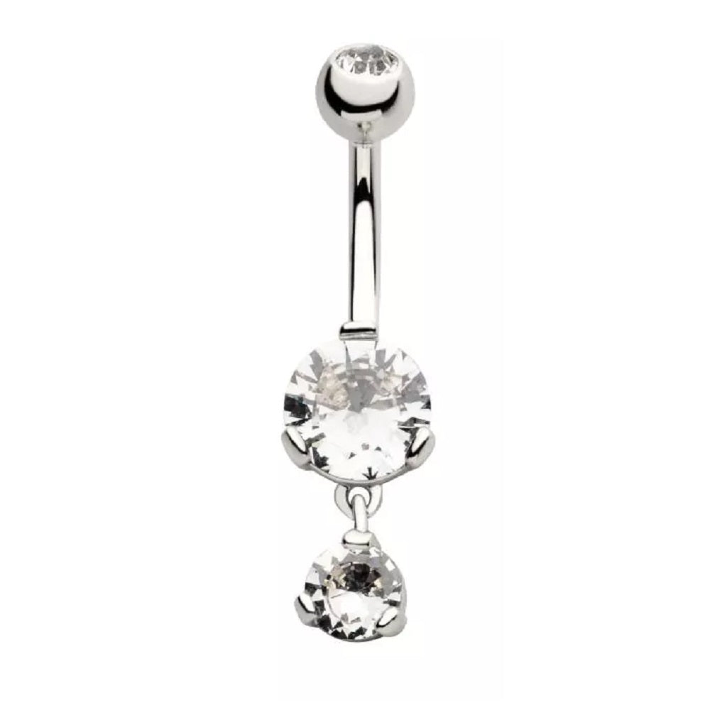 Prong Set CZ Crystal with Dangling Gem Belly Button Ring - 316L Stainless Steel