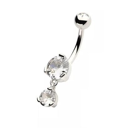 Prong Set CZ Crystal with Dangling Gem Belly Button Ring - 316L Stainless Steel