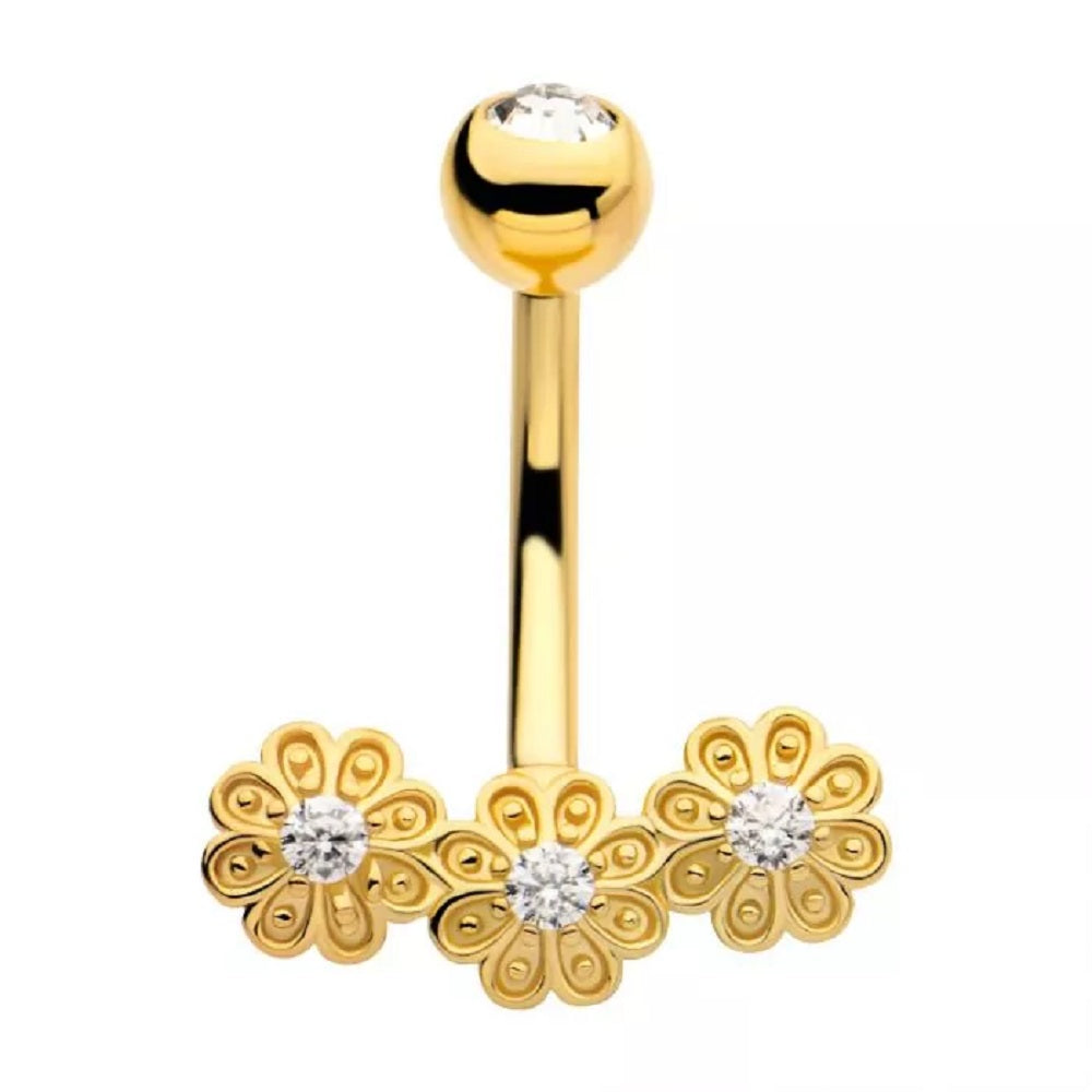 Triple CZ Crystal Flower Cluster Belly Button Ring - Gold PVD 316L Stainless Steel