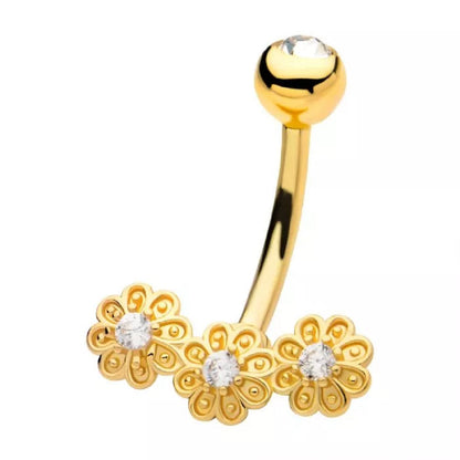 Triple CZ Crystal Flower Cluster Belly Button Ring - Gold PVD 316L Stainless Steel