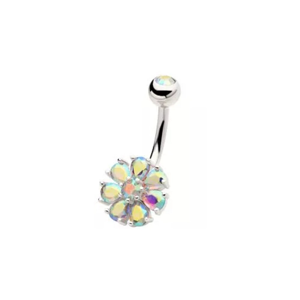 Prong Set CZ Crystal Flower Belly Button Ring - 316L Stainless Steel