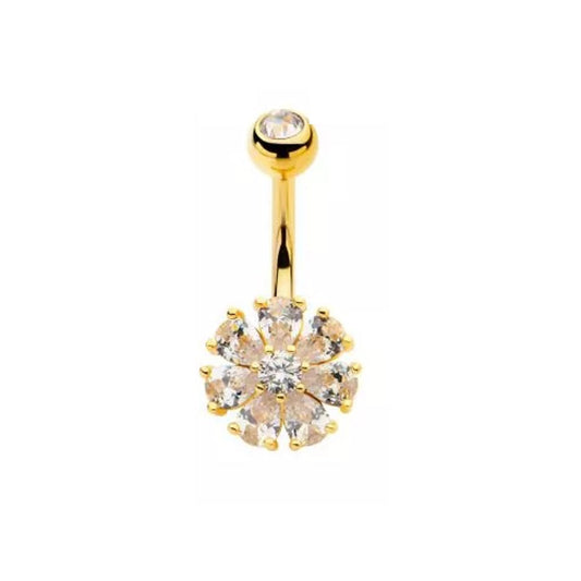 Prong Set CZ Crystal Flower Belly Button Ring - 316L Stainless Steel