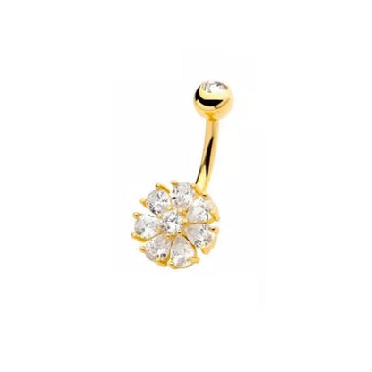 Prong Set CZ Crystal Flower Belly Button Ring - 316L Stainless Steel