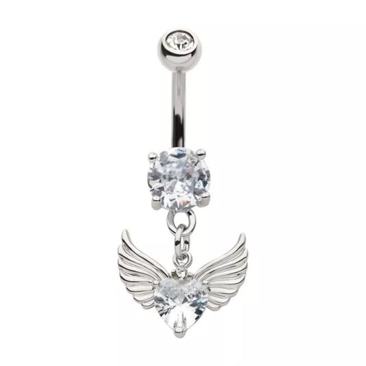 CZ Crystal Heart with Angel Wings Dangling Belly Button Ring - 316L Stainless Steel