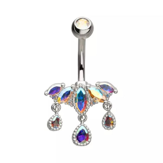 Aurora Borealis CZ Crystal Marquise with Dangling Gems Belly Button Ring - 316L Stainless Steel