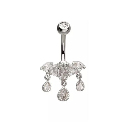 CZ Crystal Marquise Cluster with Dangling Gems Belly Button Ring - 316L Stainless Steel