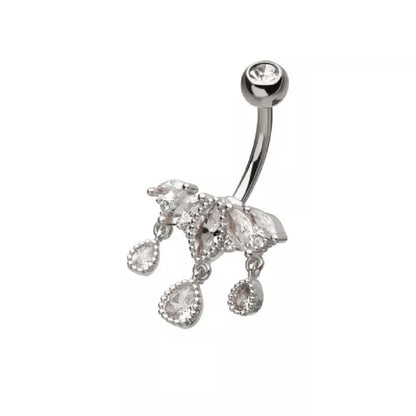 CZ Crystal Marquise Cluster with Dangling Gems Belly Button Ring - 316L Stainless Steel