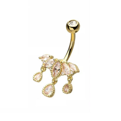 CZ Crystal Marquise Cluster with Dangling Gems Belly Button Ring - 316L Stainless Steel