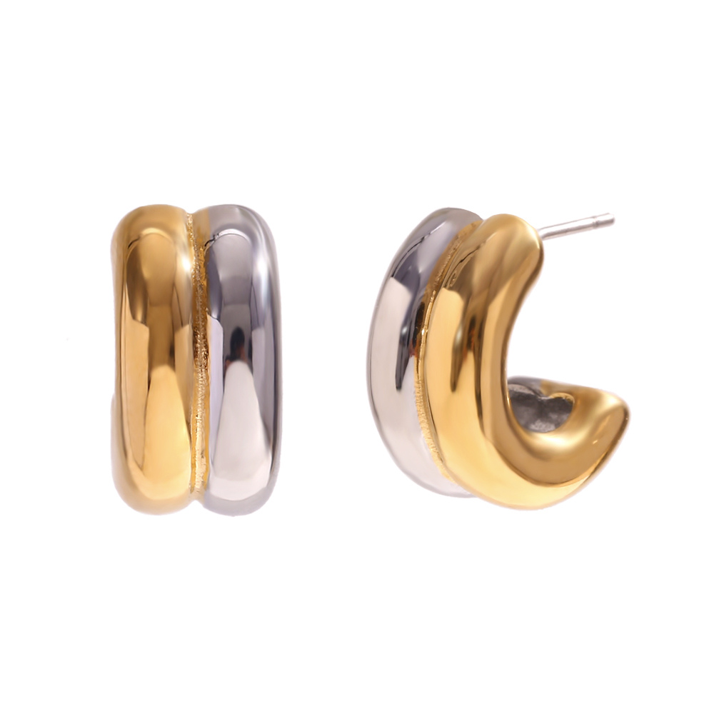 C-Shaped Double Hoop Earrings - Pair - Stainless Steel